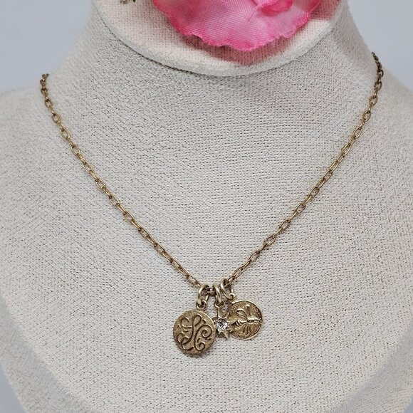 Catherine Popesco France Antiqued Gold Tone 3 Charm Pendant Necklace Bee Star - Picture 3 of 12